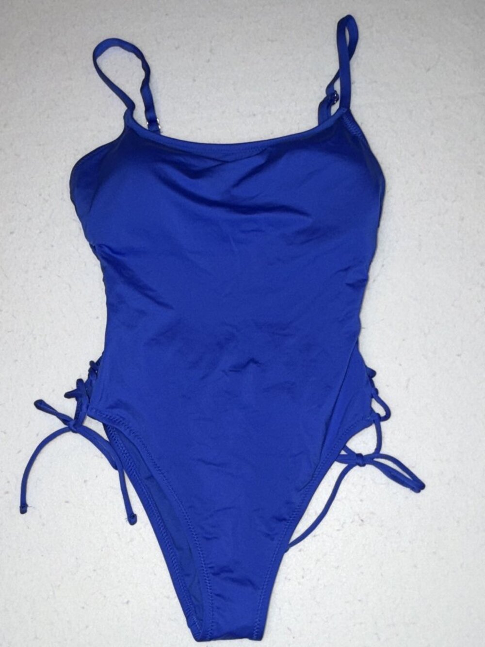 Shade & Shore Blue Lace Up Side One Piece Swimsuit Women Medium High Leg Scoop